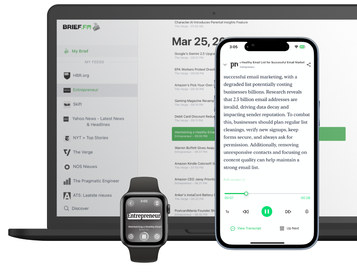 brief.fm app preview showing audio summaries of articles and blogs